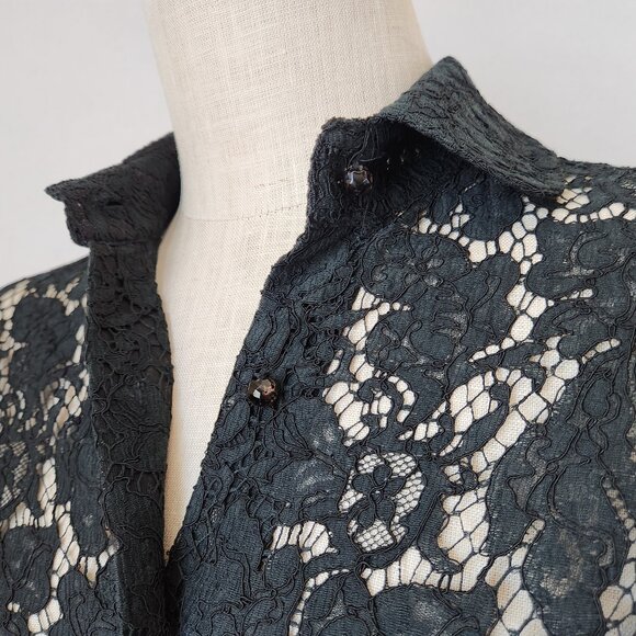 Burberry London Made in Italy Lace Eyelet Button-Front Top 3/4 Sleeve Black - Picture 5 of 8